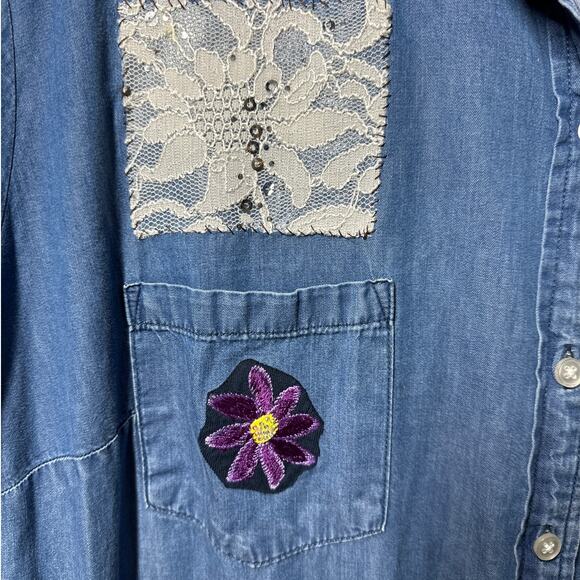 Denim Button-Up Upcycled Shirt Handcrafted Embellishments Boho Western Cotton 3X - Picture 4 of 15